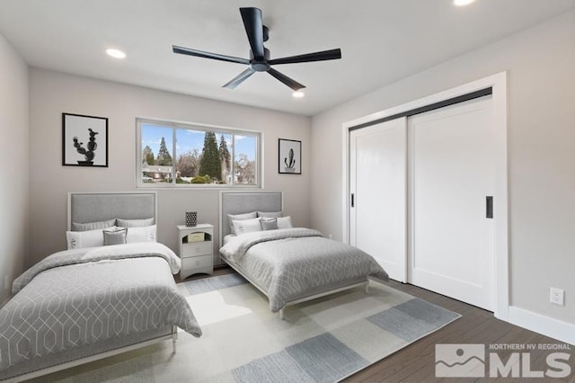 995 Skyline Blvd, Reno, NV 89509 - bedroom featuring wood finished floors, recessed lighting, baseboards, a closet, and a ceiling fan