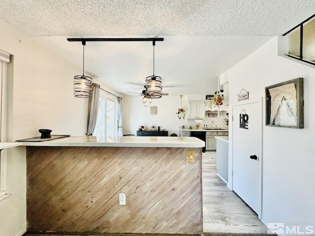3940 Pheasant, Carson City, NV 89701 - kitchen featuring ceiling fan, light wood-type flooring, decorative backsplash, a textured ceiling, and hanging light fixtures