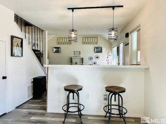 3940 Pheasant, Carson City, NV 89701 - bar area featuring a textured ceiling, wood finished floors, stairs, and pendant lighting