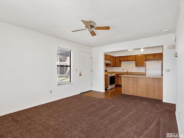 1465 E Peckham Ln Apt 55, Reno, NV 89502 - unfurnished living room featuring a ceiling fan, dark carpet, a textured ceiling, and a sink