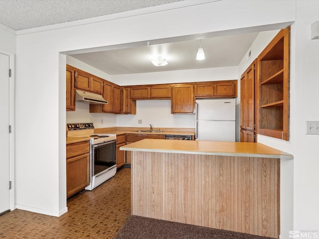 1465 E Peckham Ln Apt 55, Reno, NV 89502 - kitchen with white appliances, a sink, under cabinet range hood, a peninsula, and light countertops