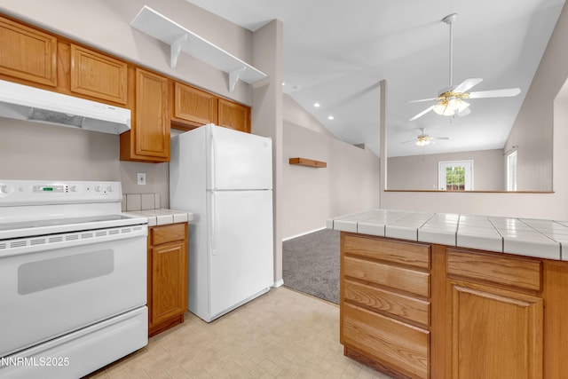 2172 Redhead Dr, Sparks, NV 89441 - kitchen with white appliances, under cabinet range hood, ceiling fan, vaulted ceiling, and light floors