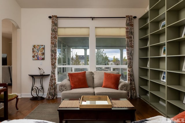 1659 Chiquita Ci, Minden, NV 89423 - living area featuring arched walkways, dark wood-style flooring, and baseboards