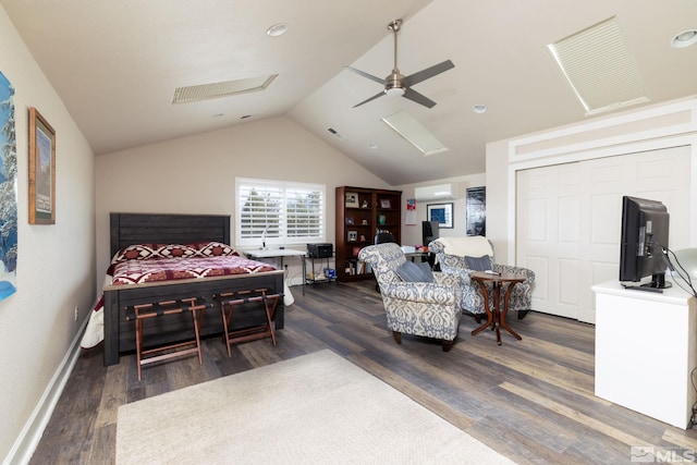 1659 Chiquita Ci, Minden, NV 89423 - bedroom featuring wood finished floors, vaulted ceiling, a ceiling fan, baseboards, and a wall mounted AC