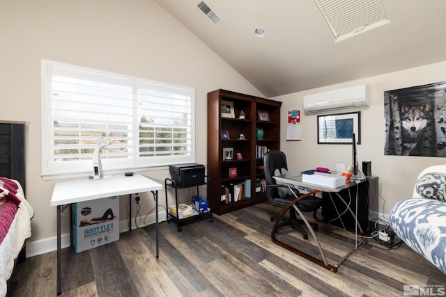 1659 Chiquita Ci, Minden, NV 89423 - bedroom featuring a wall unit AC, wood finished floors, vaulted ceiling, and a desk