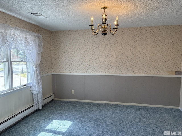 3 Comstock Cir, Carson City, NV 89703 - carpeted spare room with a chandelier, a baseboard heating unit, a textured ceiling, wainscoting, and wallpapered walls