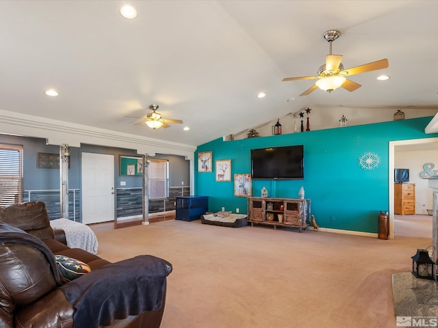 4259 Rancheria Rd, Fallon, NV 89406 - carpeted living area with a ceiling fan, lofted ceiling, and recessed lighting