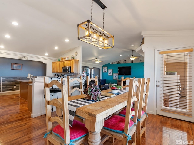 4259 Rancheria Rd, Fallon, NV 89406 - dining space featuring a ceiling fan, vaulted ceiling, light wood-style floors, and recessed lighting