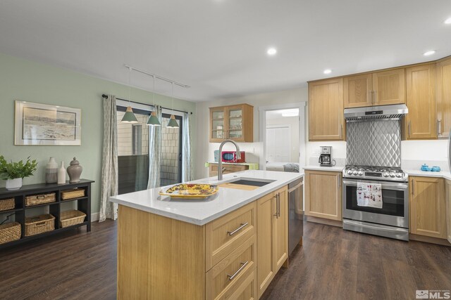 136 Juanita Unit 24, Incline Village, NV 89451 - kitchen featuring appliances with stainless steel finishes, under cabinet range hood, light countertops, dark wood-style floors, and a sink