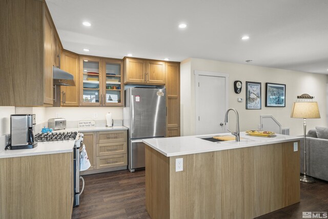 136 Juanita Unit 24, Incline Village, NV 89451 - kitchen with stainless steel appliances, under cabinet range hood, dark wood-style flooring, light countertops, and recessed lighting
