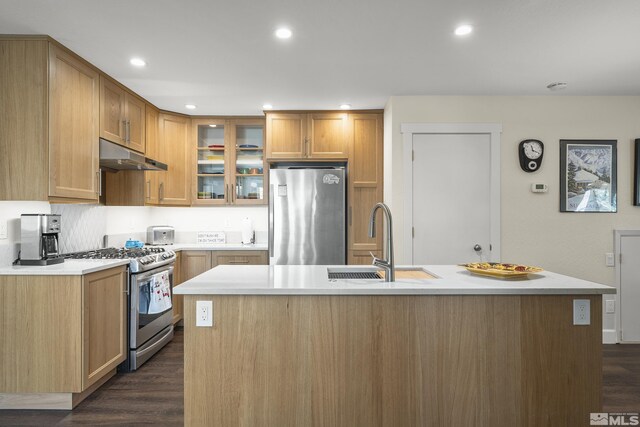 136 Juanita Unit 24, Incline Village, NV 89451 - kitchen with stainless steel appliances, under cabinet range hood, a sink, dark wood-style flooring, and recessed lighting
