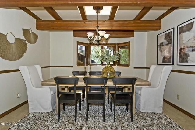 205 Scotch Pine Rd, Reno, NV 89511 - dining area with a chandelier, beam ceiling, carpet floors, and baseboards