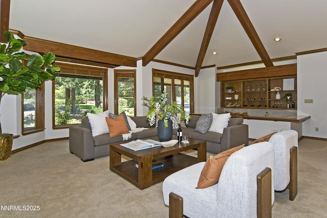 205 Scotch Pine Rd, Reno, NV 89511 - carpeted living area with plenty of natural light, beamed ceiling, baseboards, recessed lighting, and high vaulted ceiling