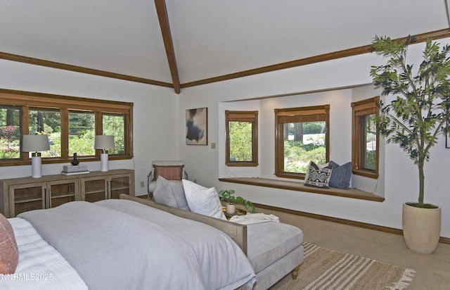 205 Scotch Pine Rd, Reno, NV 89511 - bedroom featuring carpet floors, multiple windows, beam ceiling, baseboards, and high vaulted ceiling