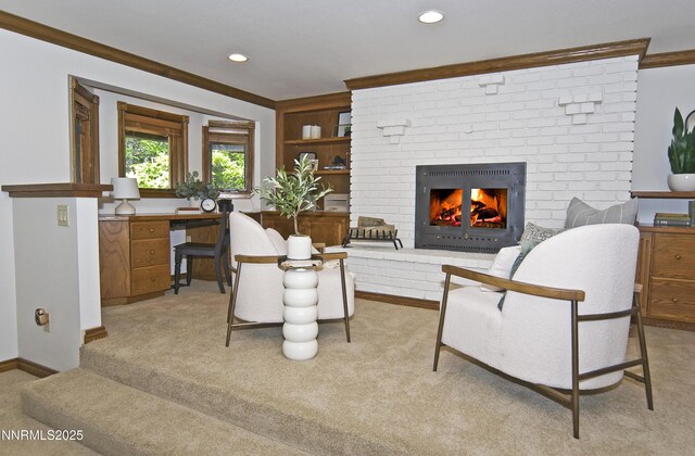 205 Scotch Pine Rd, Reno, NV 89511 - living area with light colored carpet, ornamental molding, a brick fireplace, recessed lighting, and baseboards