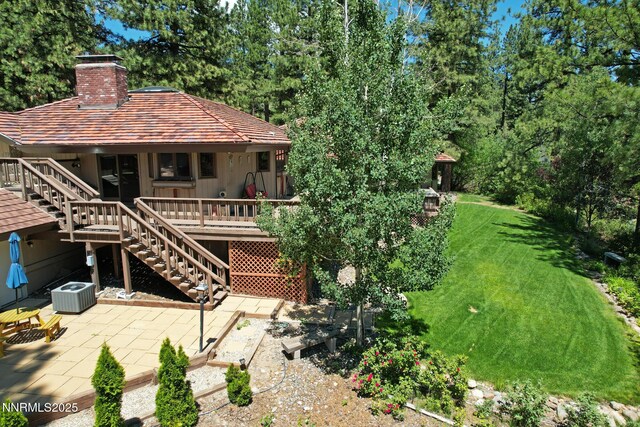 205 Scotch Pine Rd, Reno, NV 89511 - rear view of property with stairs, a chimney, a yard, central air condition unit, and a patio