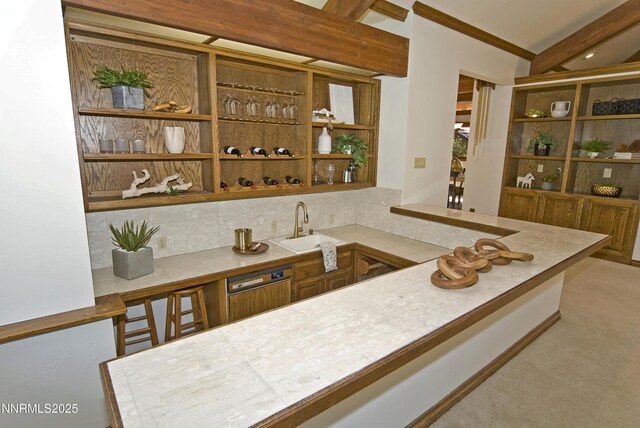 205 Scotch Pine Rd, Reno, NV 89511 - bar featuring a sink, backsplash, carpet floors, and beam ceiling