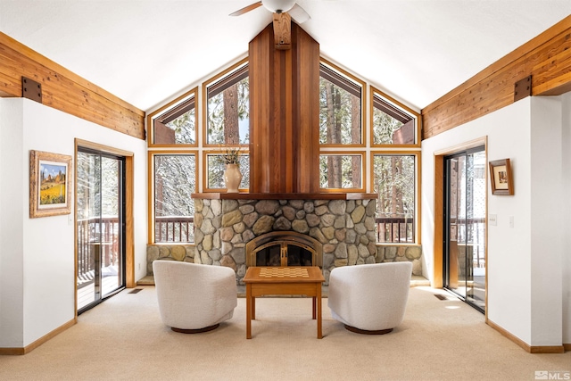 513 Lucille Dr, Incline Village, NV 89451 - carpeted living room featuring baseboards, high vaulted ceiling, a ceiling fan, and a fireplace