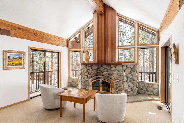 513 Lucille Dr, Incline Village, NV 89451 - carpeted living room featuring plenty of natural light, a fireplace, high vaulted ceiling, and baseboards
