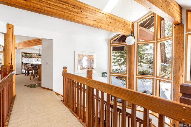 513 Lucille Dr, Incline Village, NV 89451 - hall with plenty of natural light, light carpet, an upstairs landing, and beam ceiling