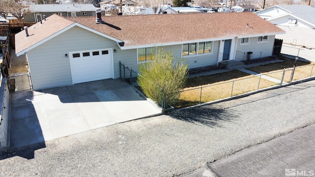 675 L St, Hawthorne, NV 89415 - ranch-style home featuring driveway, a garage, a shingled roof, and a residential view