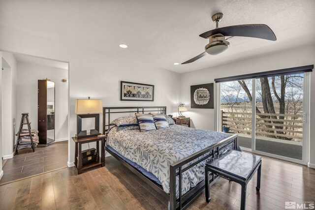 1568 Barker Ct, Gardnerville, NV 89410 - bedroom with access to exterior, hardwood / wood-style floors, baseboards, recessed lighting, and ceiling fan