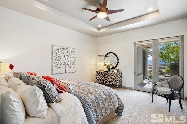 4020 Cocopah Ct, Reno, NV 89511 - carpeted bedroom featuring access to exterior, recessed lighting, a raised ceiling, and a ceiling fan