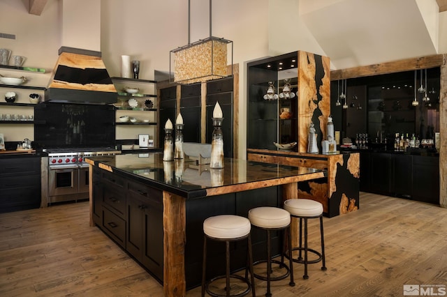 4000 Goodsell Ln, Reno, NV 89523 - kitchen featuring open shelves, double oven range, light wood-style flooring, dark countertops, and dark cabinets