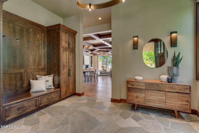 4250 N Lake Blvd, Carnelian Bay, CA 96140 - mudroom featuring coffered ceiling, beamed ceiling, and recessed lighting