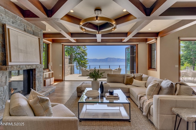 4250 N Lake Blvd, Carnelian Bay, CA 96140 - living area with a mountain view, coffered ceiling, wood finished floors, beamed ceiling, and recessed lighting
