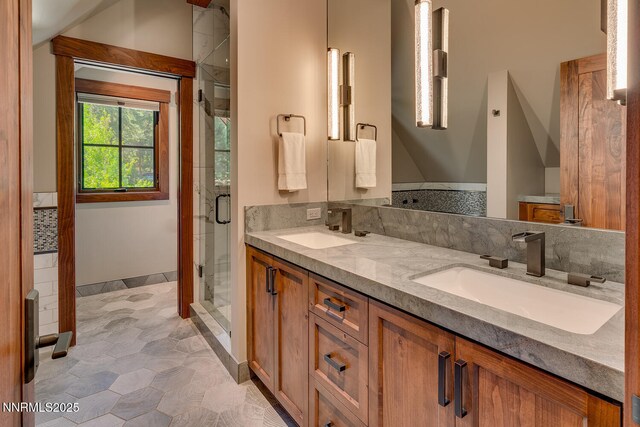 4250 N Lake Blvd, Carnelian Bay, CA 96140 - bathroom featuring a stall shower, double vanity, and tile patterned floors