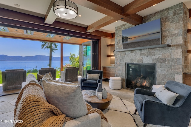 4250 N Lake Blvd, Carnelian Bay, CA 96140 - living area featuring a mountain view, beam ceiling, and a fireplace