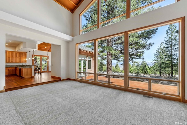 210 Sheridan Creek Ct, Gardnerville, NV 89460 - unfurnished living room featuring carpet flooring, high vaulted ceiling, baseboards, and a sink