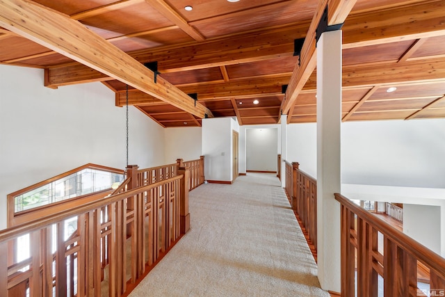 210 Sheridan Creek Ct, Gardnerville, NV 89460 - hall featuring wood ceiling with exposed beams, light carpet, recessed lighting, baseboards, and an upstairs landing