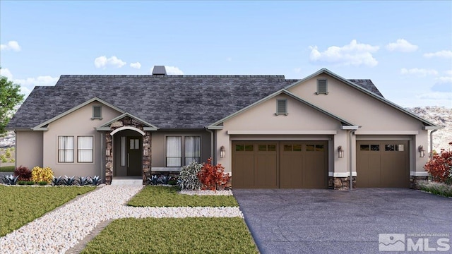 1223 Golden Eagle Ct, Gardnerville, NV 89410 - view of front of house featuring a garage, asphalt driveway, stucco siding, and stone siding
