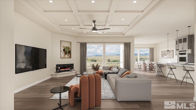 1223 Golden Eagle Ct, Gardnerville, NV 89410 - living room with a ceiling fan, dark wood-type flooring, beamed ceiling, coffered ceiling, and recessed lighting
