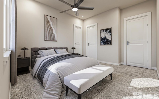 1223 Golden Eagle Ct, Gardnerville, NV 89410 - bedroom with light colored carpet, baseboards, recessed lighting, and a ceiling fan
