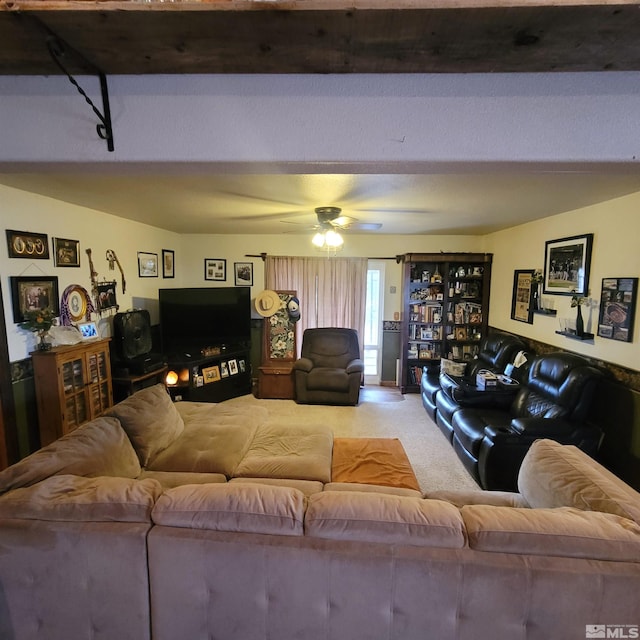 3860 Edwards Ln, Fallon, NV 89406 - living room featuring carpet floors, beam ceiling, and a ceiling fan