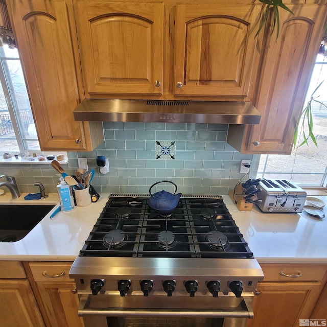 3860 Edwards Ln, Fallon, NV 89406 - kitchen featuring under cabinet range hood, light countertops, decorative backsplash, and brown cabinetry