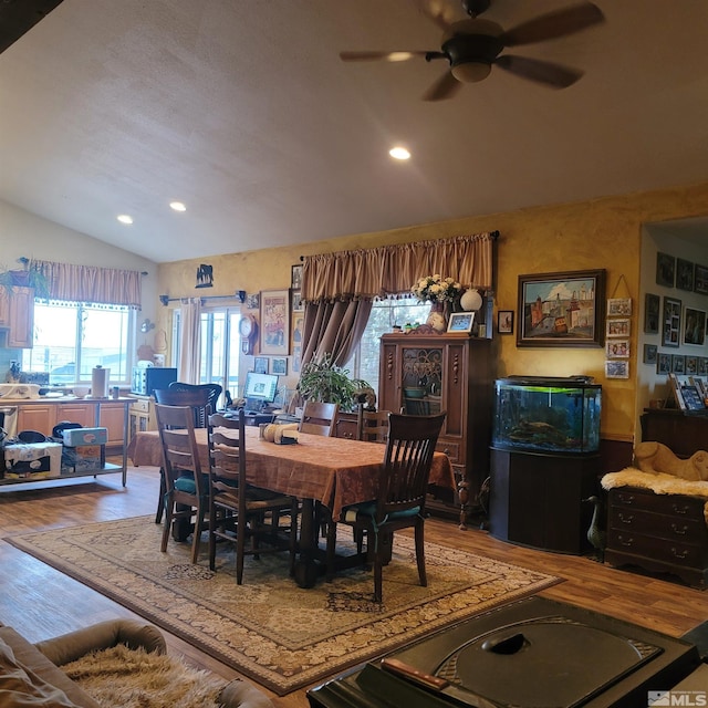 3860 Edwards Ln, Fallon, NV 89406 - dining space featuring lofted ceiling, a ceiling fan, wood finished floors, and recessed lighting