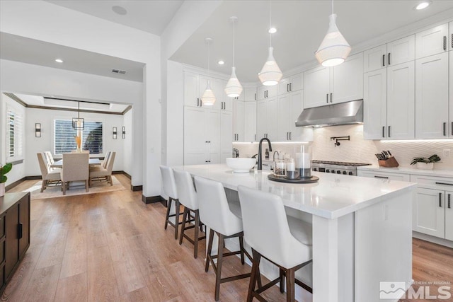 20765 Parc Foret Dr, Reno, NV 89511 - kitchen with under cabinet range hood, tasteful backsplash, an island with sink, white cabinetry, and recessed lighting