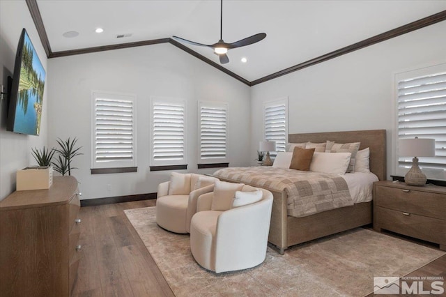 20765 Parc Foret Dr, Reno, NV 89511 - bedroom with hardwood / wood-style flooring, crown molding, recessed lighting, vaulted ceiling, and ceiling fan