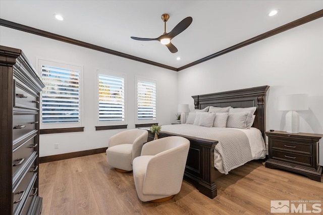 20765 Parc Foret Dr, Reno, NV 89511 - bedroom featuring crown molding, multiple windows, light wood-style floors, baseboards, and a ceiling fan