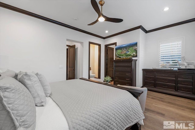20765 Parc Foret Dr, Reno, NV 89511 - bedroom featuring crown molding, wood finished floors, ceiling fan, and recessed lighting