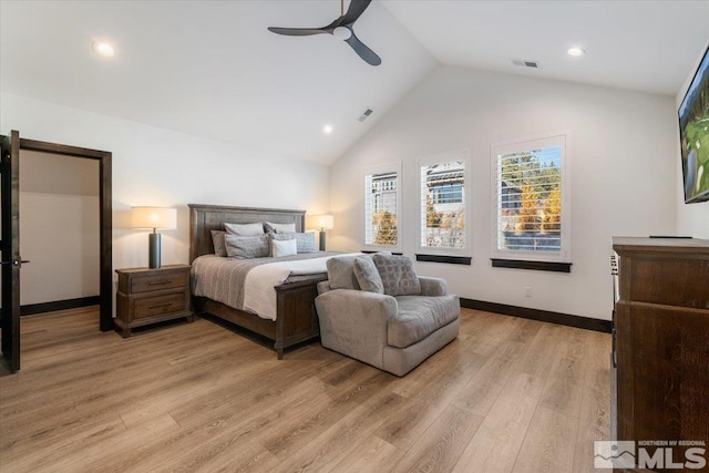 20765 Parc Foret Dr, Reno, NV 89511 - bedroom featuring light wood-style floors, recessed lighting, ceiling fan, baseboards, and high vaulted ceiling