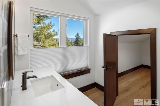 20765 Parc Foret Dr, Reno, NV 89511 - bathroom featuring lofted ceiling, wood finished floors, and a sink