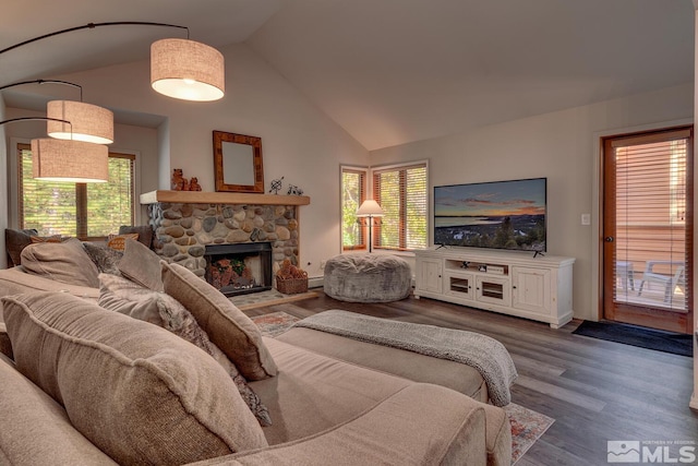 931 Incline Way Unit 249Mccloud, Incline Village, NV 89451 - living area with wood finished floors, a fireplace, high vaulted ceiling, and baseboards