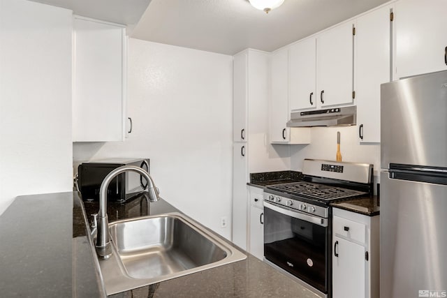 2445 Sycamore Glen Dr Unit 6, Sparks, NV 89434 - kitchen with stainless steel appliances, under cabinet range hood, a sink, dark countertops, and white cabinets