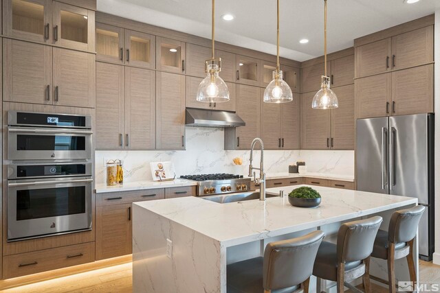 605 Braided Rope Dr, Reno, NV 89511 - kitchen featuring appliances with stainless steel finishes, under cabinet range hood, decorative backsplash, an island with sink, and recessed lighting