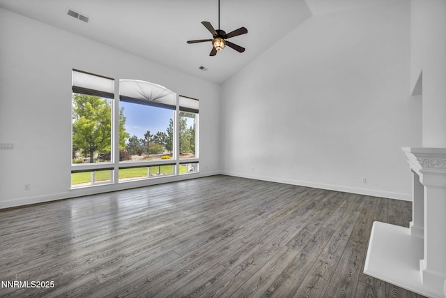 1655 Chiquita Cir, Minden, NV 89423 - unfurnished living room featuring wood finished floors, a ceiling fan, baseboards, and high vaulted ceiling